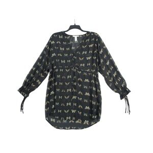 HM Conscious Butterfly Print Drawstring Tunic Top Black V-Neck Size 14